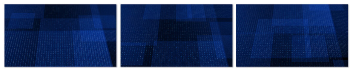 Abstract dark blue tech background with glowing particle grid and transparent geometric shapes. Digital data network or circuit board concept for futuristic design.