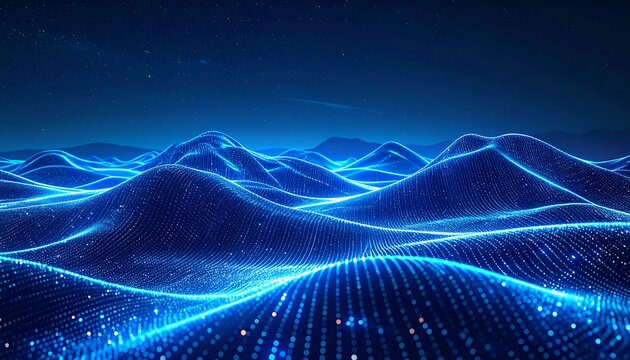 A stylized representation of undulating hills at night, composed of countless glowing blue particles under a starry sky - Powered by Adobe