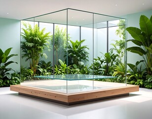 Modern glass display case with lush greenery