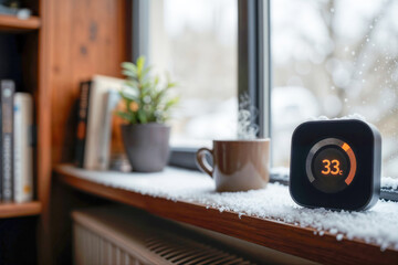 Smart thermostat on a snowy windowsill next to a hot drink on a cold winter day.