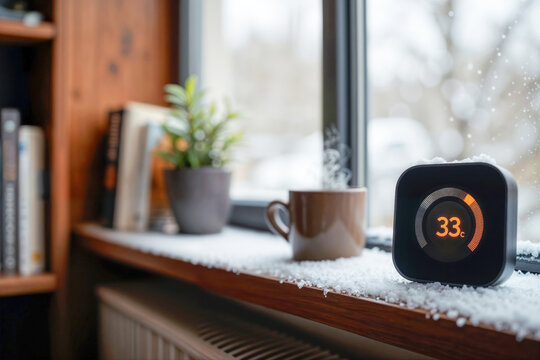 Smart thermostat on a snowy windowsill next to a hot drink on a cold winter day. - Powered by Adobe