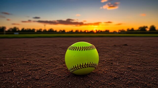 Softball Sunset on Field - A vibrant yellow softball rests on a reddish-brown dirt infield, with a stunning sunset casting a warm glow across the background.