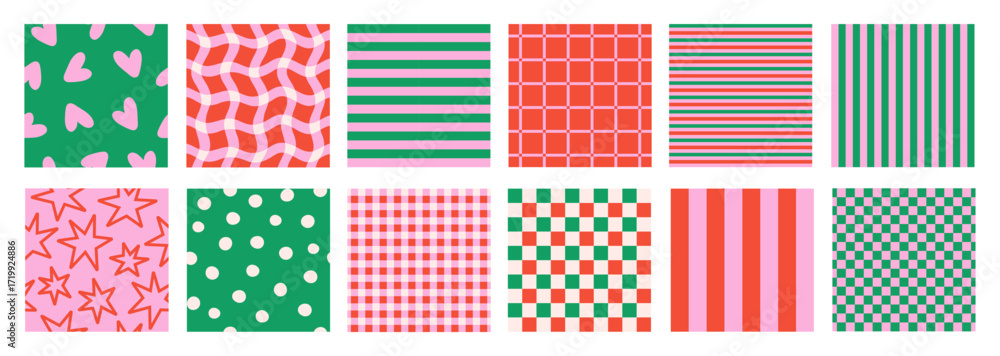 Poster geometric christmas set checkered and linear backgrounds. abstract vector seamless pattern. checkere