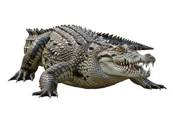 Naklejka premium A formidable crocodile, its sharp teeth bared in a menacing display, commands attention against a stark black backdrop.