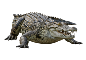 A formidable crocodile, its sharp teeth bared in a menacing display, commands attention against a stark black backdrop.