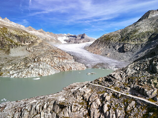 Aerial view of the Rhone Glacier with glacial lake, Swiss Alps	
