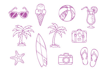 summer vacation icons, palm trees, surfboard, sunglasses, cocktail glass, beach ball, starfish, camera, flipflops, hand-drawn, line art, pink purple gradient, minimalist, simple, flat design