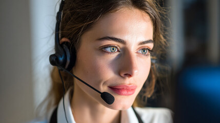 Young Professional Woman with Headset on Modern Call Center Background