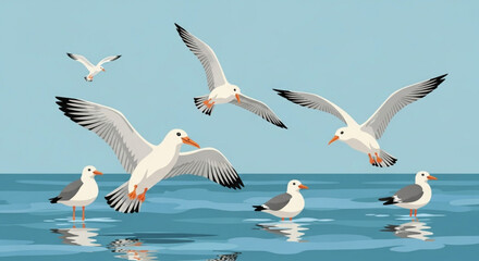 Obraz premium A serene illustration of seagulls in flight and perched on the water, capturing the essence of coastal life and the freedom of birds in a peaceful marine environment