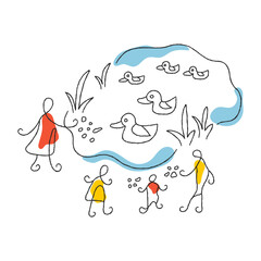 People feeding ducks minimalist vector illustration