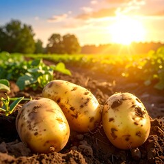 Potatoes in a field at sunset