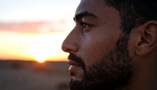 A close-up profile of a man with a beard gazing towards a radiant sunset. Soft light bathes the face, desert landscape in the background