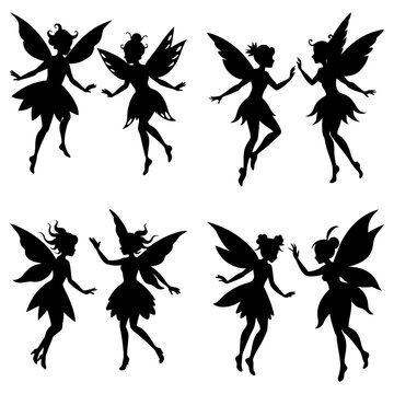 Silhouette illustration showcasing four pairs of fairies with wings in various dynamic poses and interactions