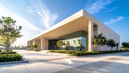 Modern architectural building with a large glass facade and flat roof, surrounded by paved walkways and young trees under a bright blue sky.