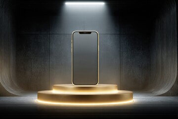 Gold Smartphone on Illuminated Podium in Dark Futuristic Setting mobile phone luxury
