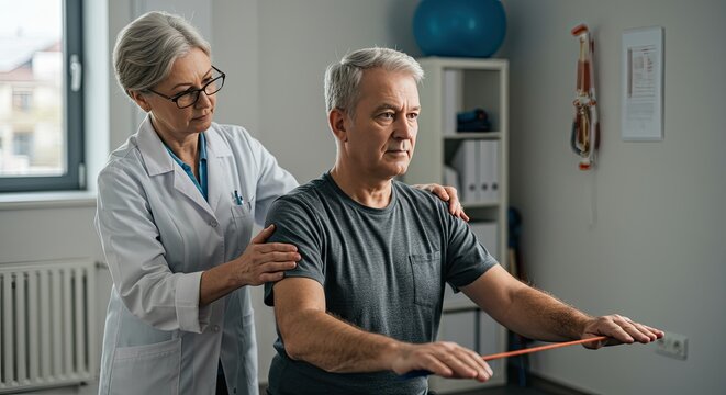 An experienced female physical therapist assists a senior male patient with resistance band exercises during a rehabilitation session in a modern clinic.