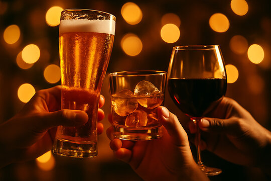 three different drinks, beer, whiskey on the rocks, and wine, being held up in a toast with a bokeh background
