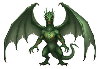 Obraz premium Powerful, emerald-scaled dragon, with intricate details, presented against a stark black backdrop, stands imposingly.