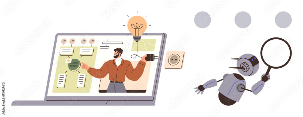 Poster laptop displaying a man explaining ideas, illuminated bulb, flowchart, and connected plug. robot sea