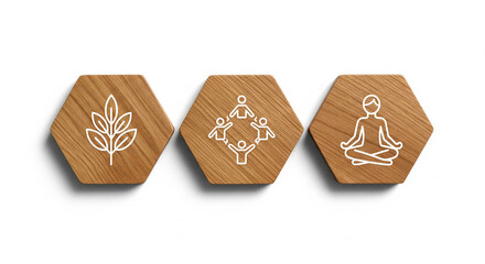 Wooden Hexagon Tiles with Community and Self-Care Line Icons Isolated on White