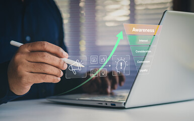 Fototapeta na wymiar Boost Brand Awareness, Digital Marketing Funnel concept, Top stage of digital marketing funnel, representing brand reach, online visibility, and ad impressions, Businessman shown boost brand awareness