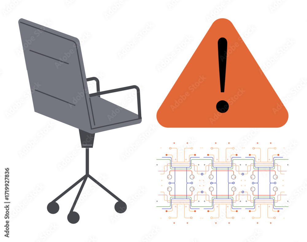Poster office chair next to red warning triangle and circuit board pattern, symbolizing workplace issues, t