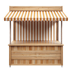 Empty Wooden Market Stall with Striped Awning and Border kiosk booth isolated on a transparent background