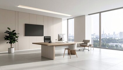 Fototapeta premium Modern, minimalist executive office with a large wooden desk, computer, and TV screen, featuring expansive windows overlooking a city skyline.