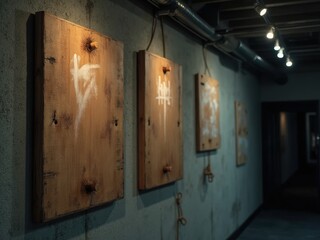 Wooden hangboard with chalk marks mounted on wall