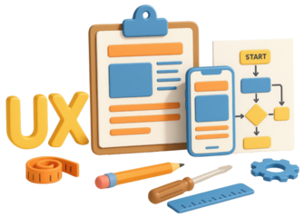 UX design elements with flowchart, clipboard, and tools user experience planning isolated on a transparent background