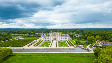 Aerial view of Château de Chambord, the largest and most majestic castle of the Loire Valley in...