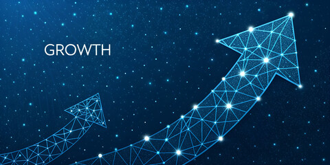 Stunning digital illustration shows upward growth arrows illuminating future success against a starry night backdrop for a dynamic business presentation