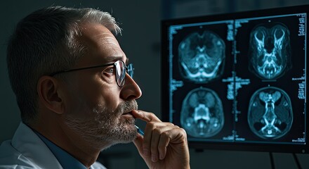 A dedicated senior medical expert meticulously examines intricate brain scan images displayed on a computer monitor, deeply analyzing crucial diagnostic data.