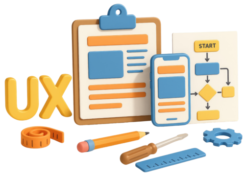 UX design elements with flowchart, clipboard, and tools user experience planning isolated on a transparent background