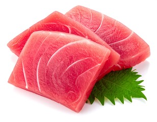 Fresh tuna slices on a bed of green leaves