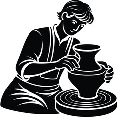 Artist creates pottery on a spinning wheel skillfully shaping clay for art and craft silhouette