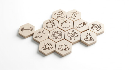 Creative Composition of Wooden Hexagon Blocks with Healthy Lifestyle Icons