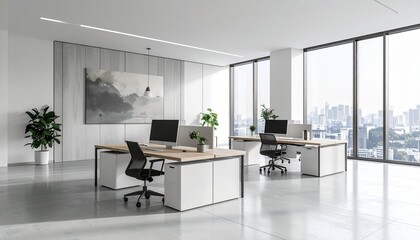 Fototapeta premium A modern, minimalist office interior with desks, computers, and large windows overlooking a city skyline.