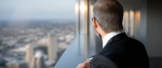A confident man wearing sunglasses stands against a breathtaking skyline view, showcasing urban scenery at golden hour