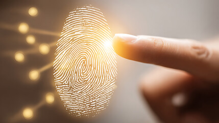 Fingerprint scanning with glowing digital representation and finger touch