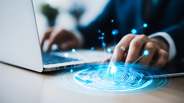 Person interacting with a laptop, generating digital data visualization on desk surface