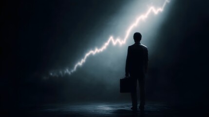 Silhouette of a businessman holding a briefcase looking towards a dramatic rising graph of light