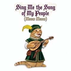 Obraz premium Ginger cat barding and serenading with a lute, wearing a green medieval tunic and feathered hat on a white background
