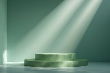 Green Interior with Two- Tiered Podium and Dramatic Sunlight Rays and Shadows stage two-tiered