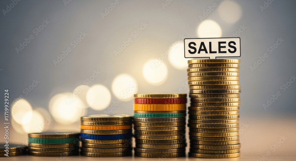 Aufkleber stacks of coins forming an ascending bar graph with a 'sales' sign on top representing financial gro