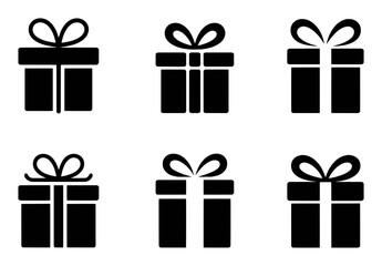 Collection of Six Black Gift Box Icons with Ribbons
