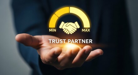 Vector art of trust partner concept with handshake icon and gauge, representing reliability and partnership