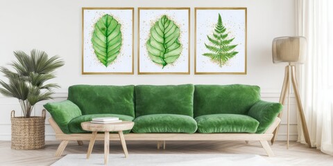 Green Sofa In A Living Room With Botanical Leaf Art And Plant interior furniture