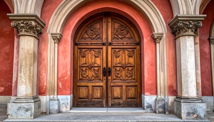 Obraz premium Ornate wooden doors in a red arched doorway
