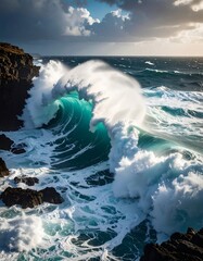 Powerful ocean wave crashing on rocks